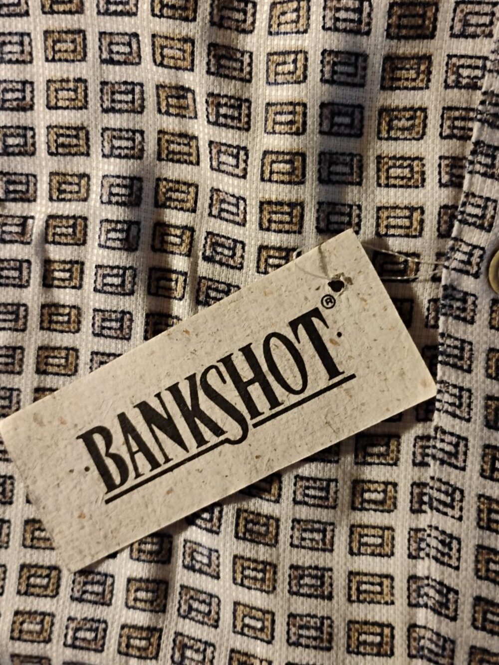 Bankshot | White Blue & Gold Square Print Button Up Shirt | Medium | NWT